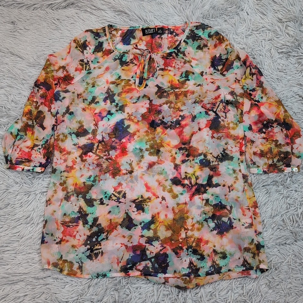 A.N.A Shirt Womens S Petite Multicolor Splatter Top Blouse Lightweight Sheer